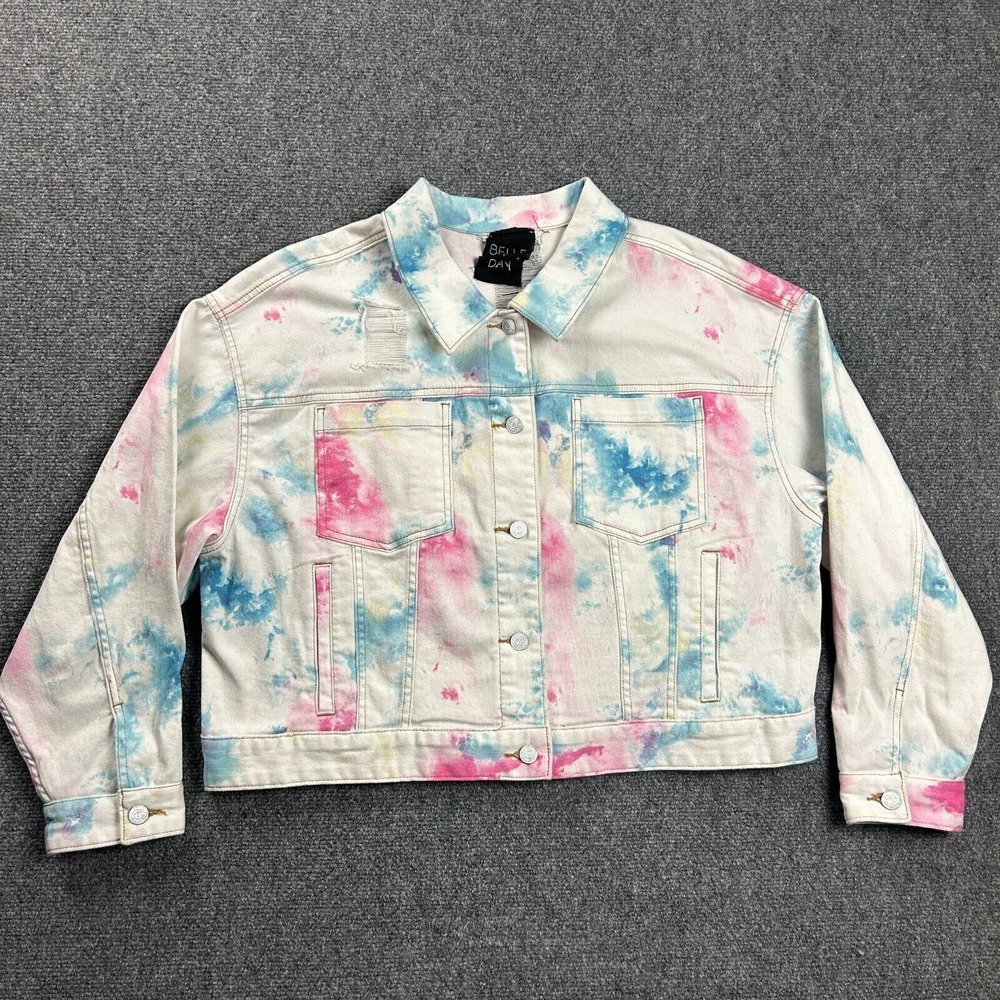 Belle + Day Jacket Womens 2 Tie Dye Denim Trucker Biker Pockets Cotton